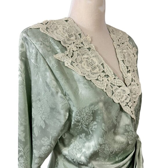 Scott McClintock Dress Green Damask Jacquard Lace Collar Size 10 Vintage 1980s - Picture 2 of 10